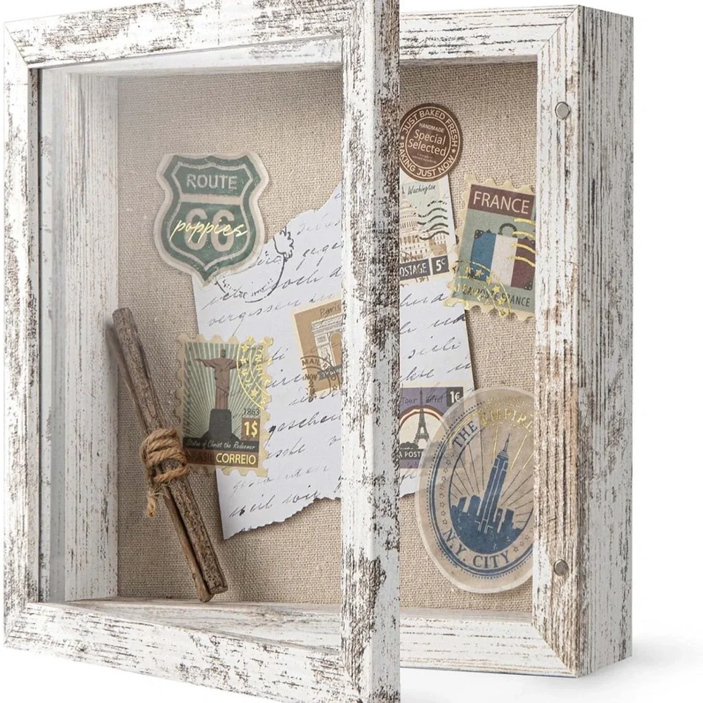 Rustic White Wood Shadow Box Display with Travel Ephemera